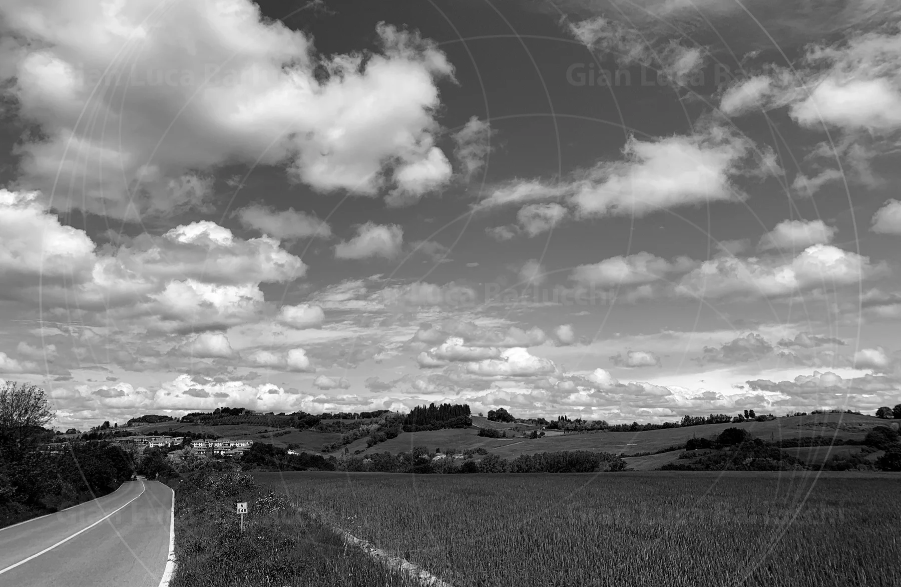 Black-and-white country road beside fields beneath scattered clouds