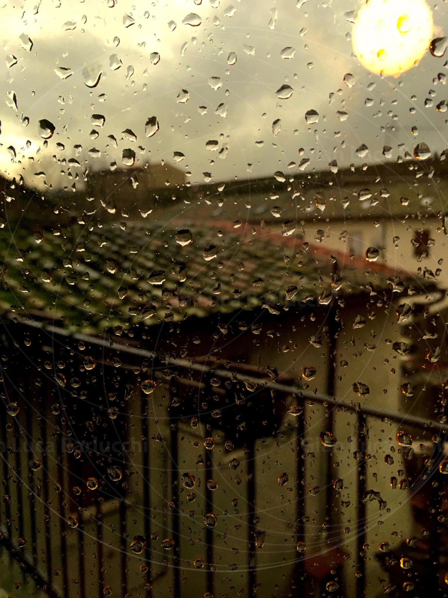 Raindrops on a window overlooking rooftops in warm evening light