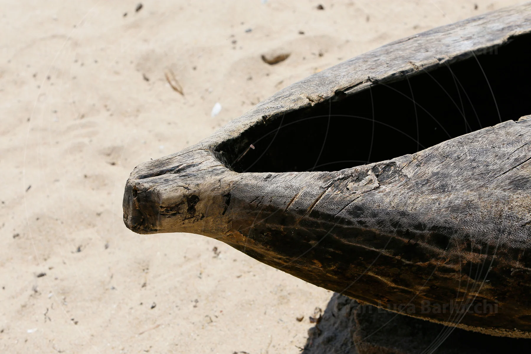 Close-up of the pointed bow and dark interior of a wooden canoe