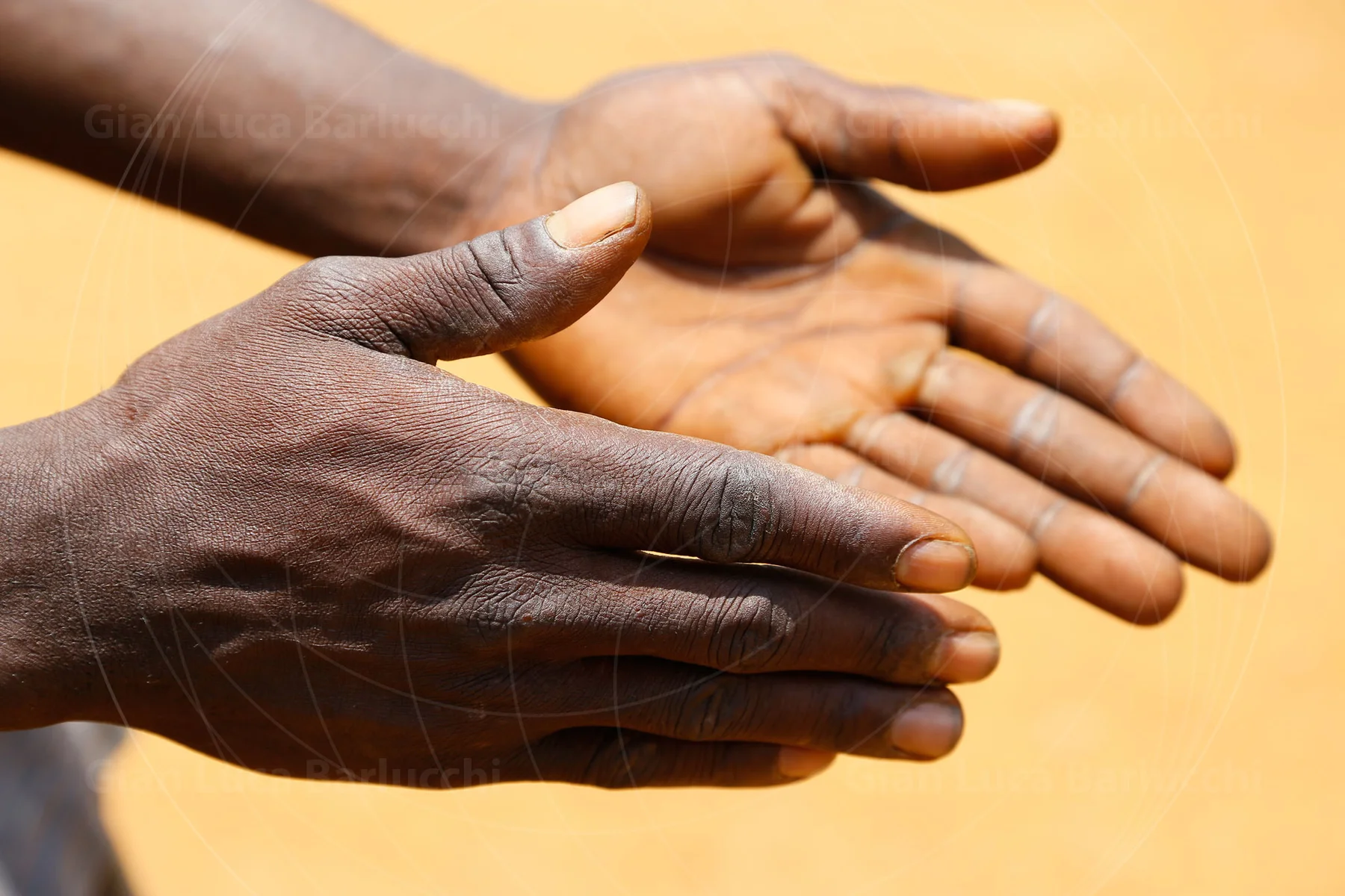 Close-up of open hands against a sunlit background