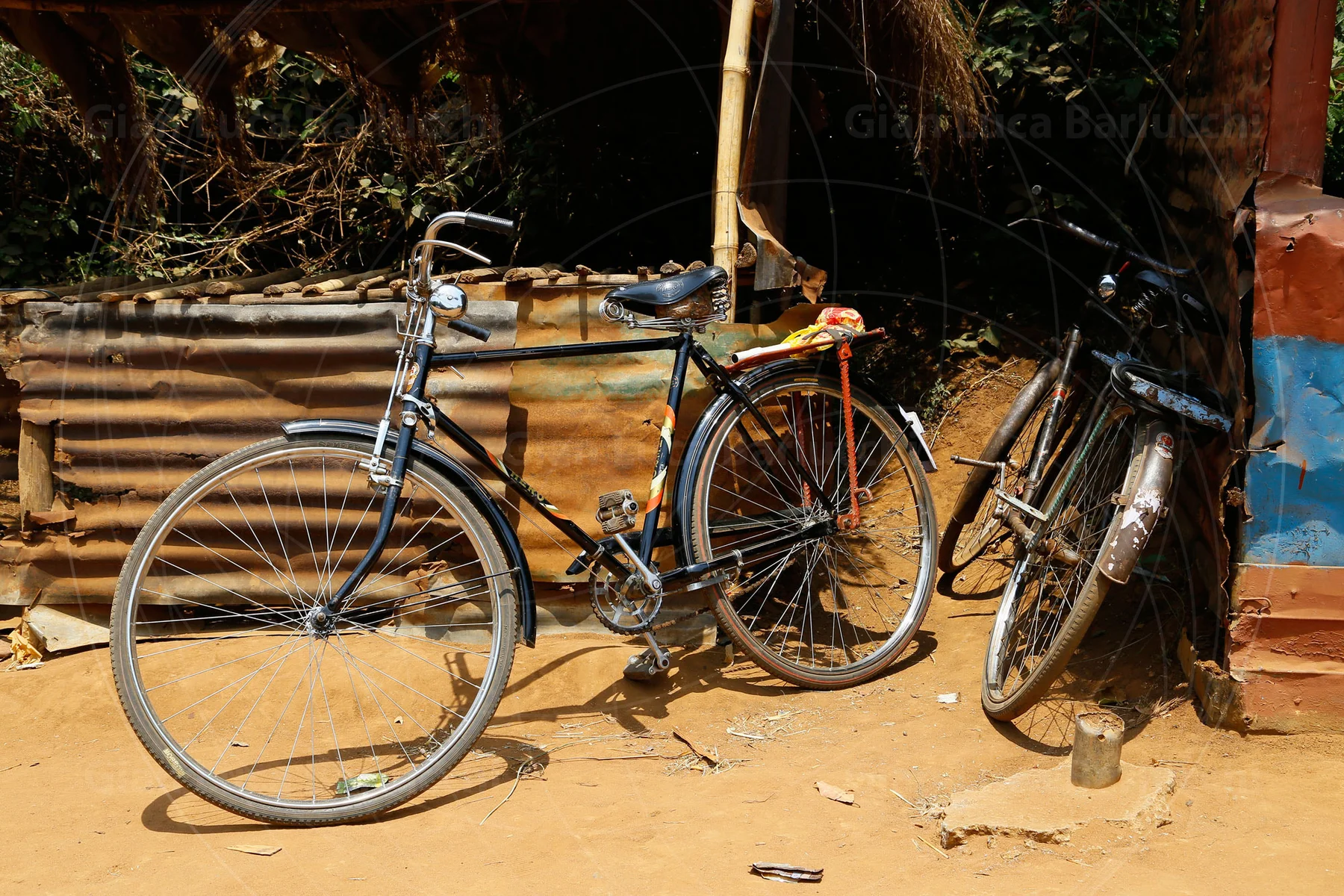 Two bicycles leaning against a fence in bright sunlight